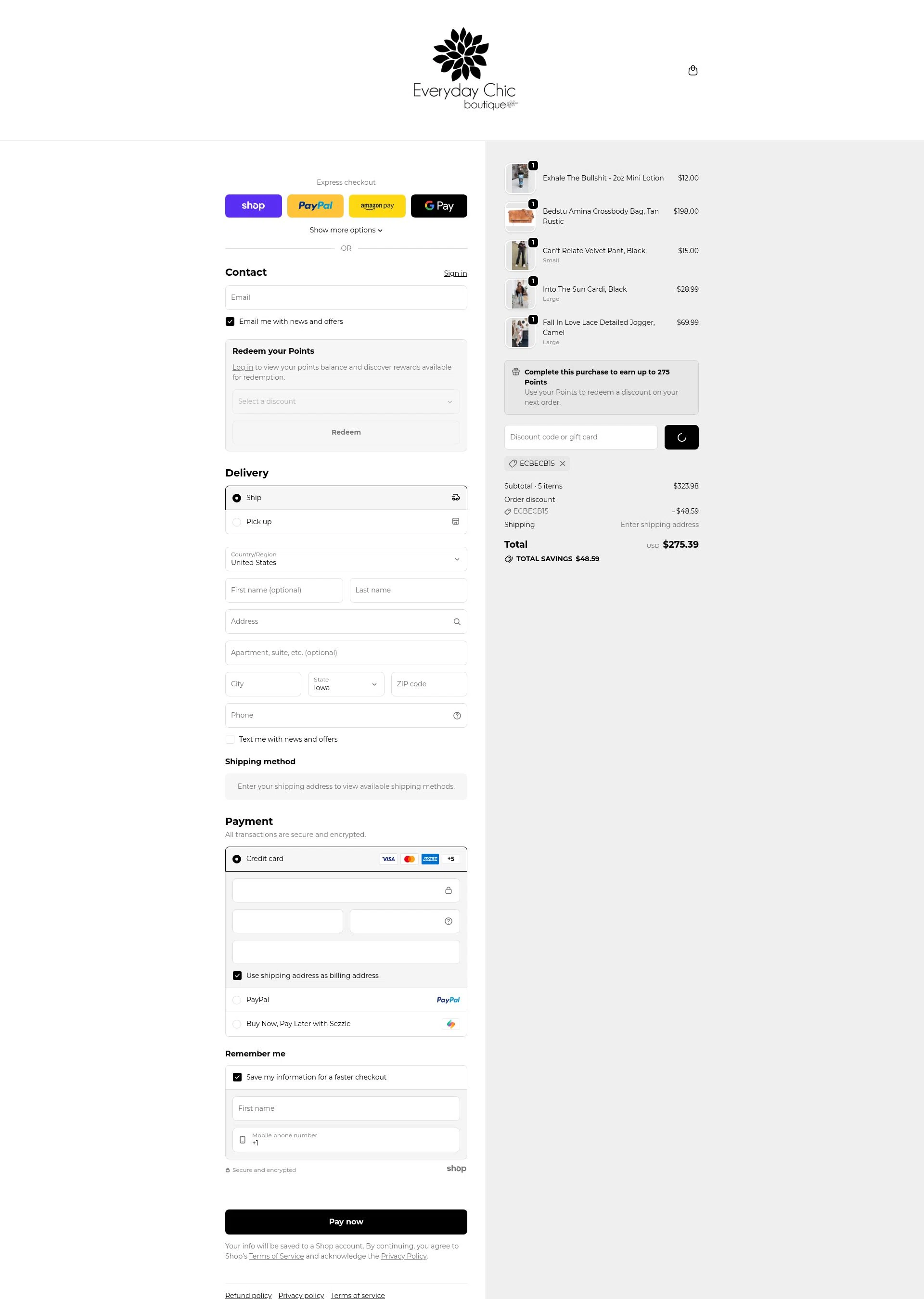 Everyday Chic Boutique checkout page showing Everyday Chic Boutique coupon code box | Screenshot taken by SimplyCodes community member on Jan 2, 2026