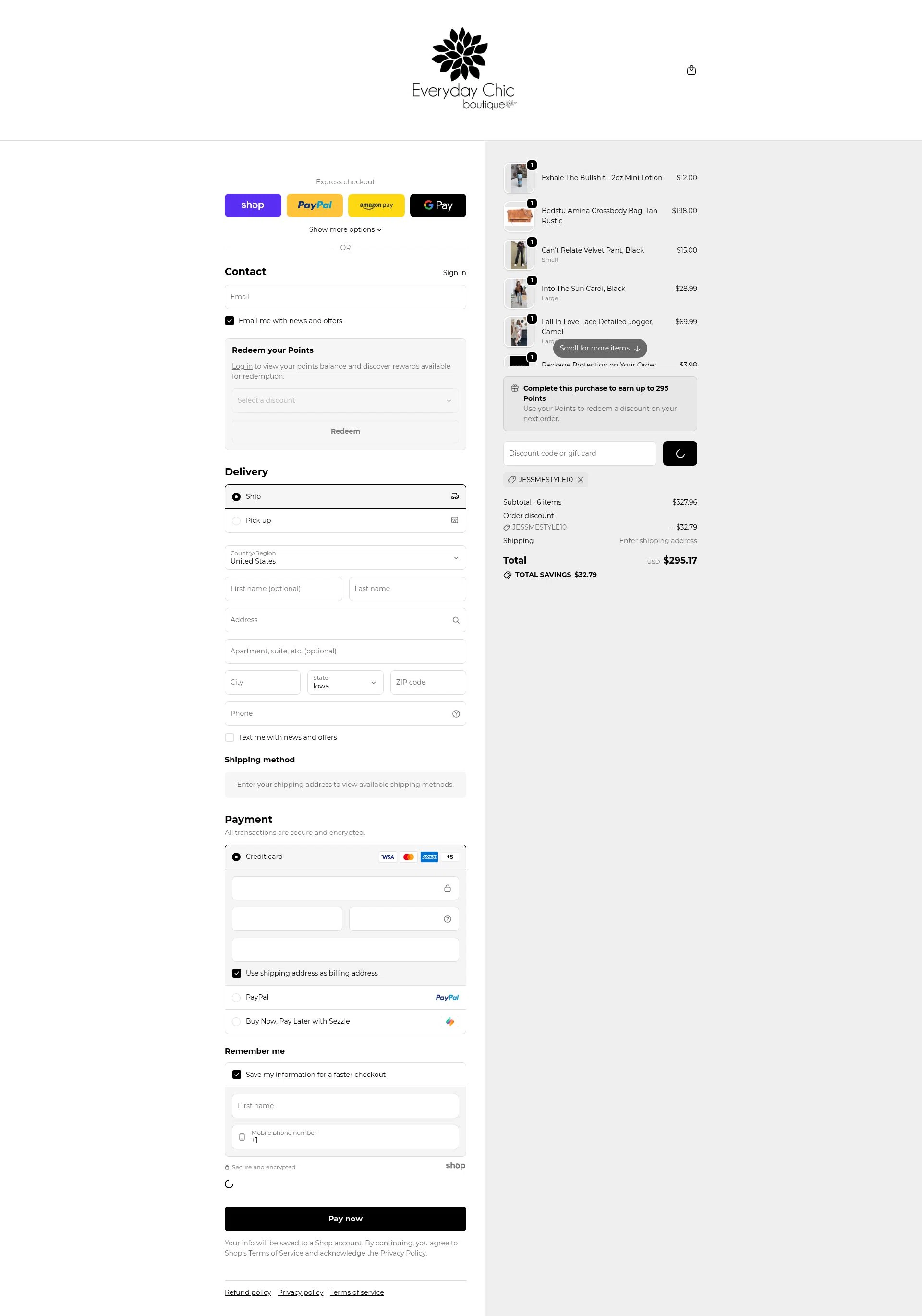 Everyday Chic Boutique checkout page showing Everyday Chic Boutique coupon code box | Screenshot taken by SimplyCodes community member on Jan 2, 2026