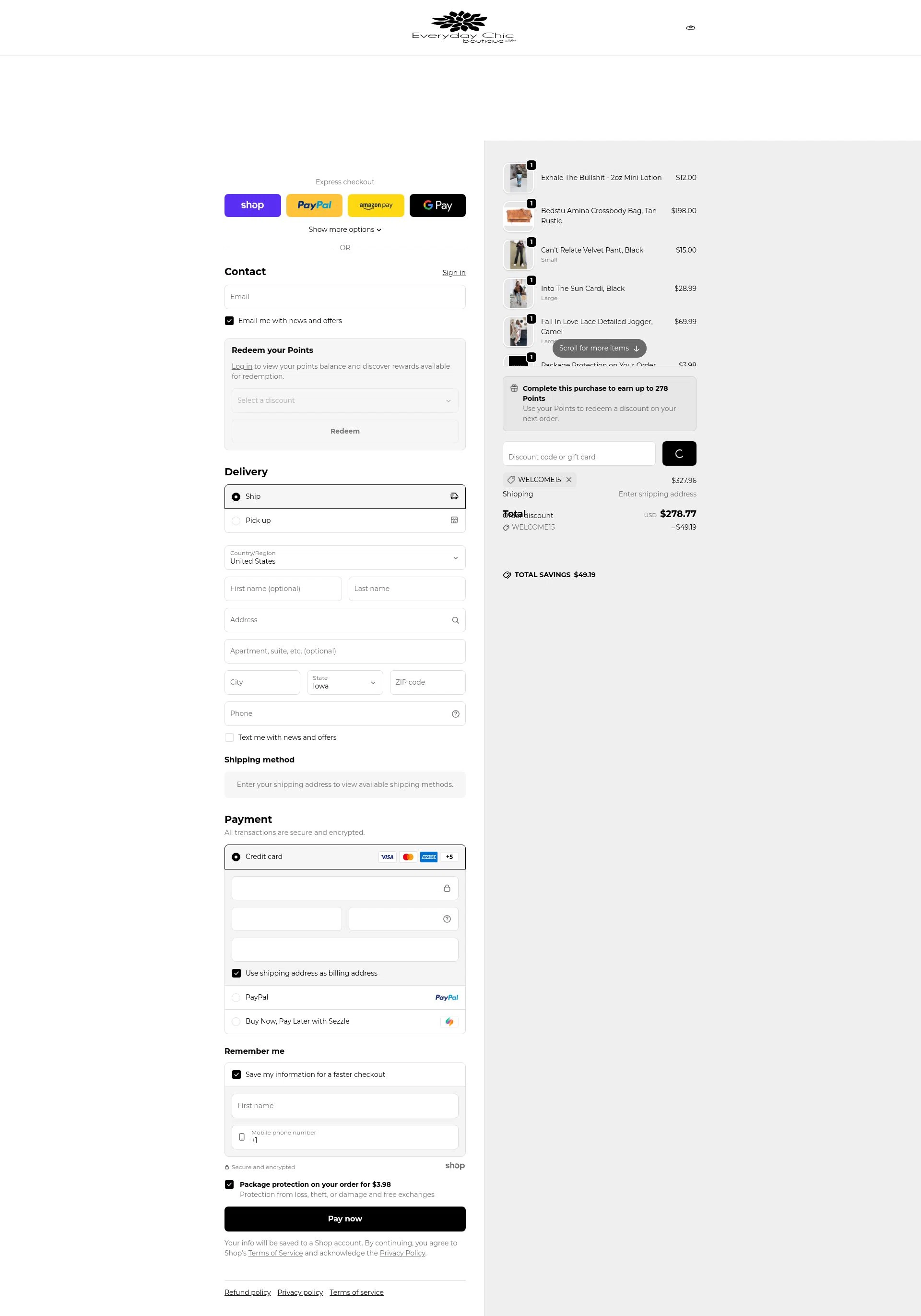 Everyday Chic Boutique checkout page showing Everyday Chic Boutique coupon code box | Screenshot taken by SimplyCodes community member on Jan 2, 2026
