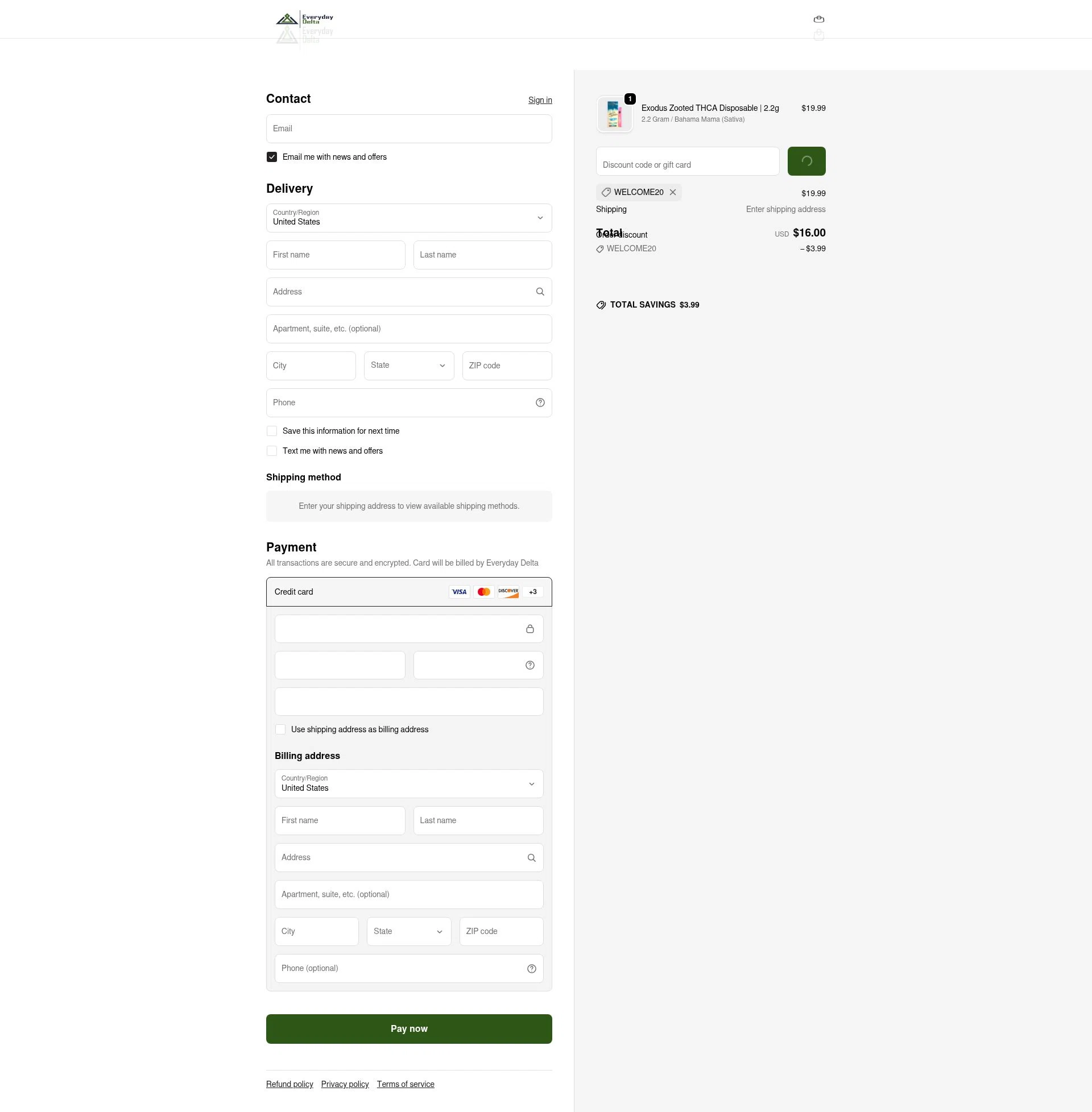 Everyday Delta checkout page showing Everyday Delta coupon code box | Screenshot taken by SimplyCodes community member on Feb 7, 2026