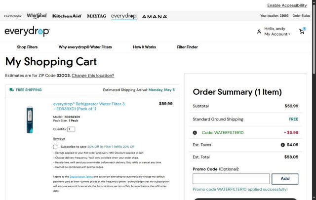 EveryDrop checkout page showing EveryDrop promo code box | Screenshot taken by SimplyCodes community member on Apr 30, 2025