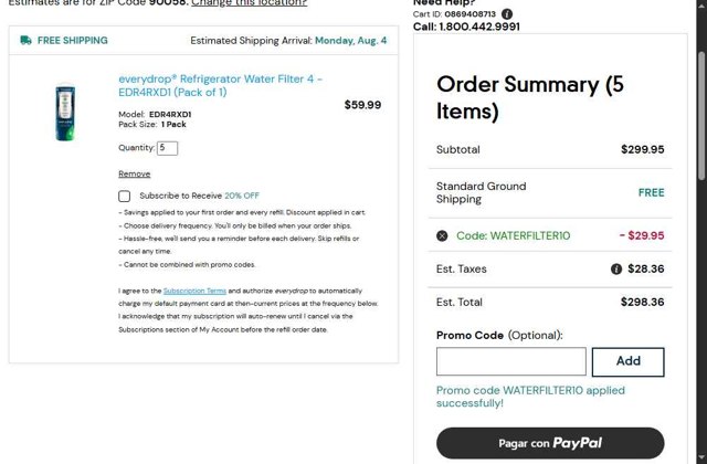 EveryDrop checkout page showing EveryDrop promo code box | Screenshot taken by SimplyCodes community member on Jul 31, 2025