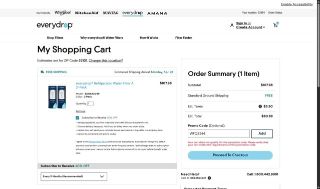 EveryDrop checkout page showing EveryDrop promo code box | Screenshot taken by SimplyCodes community member on Apr 23, 2025