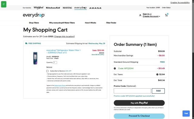 EveryDrop checkout page showing EveryDrop promo code box | Screenshot taken by SimplyCodes community member on May 27, 2025