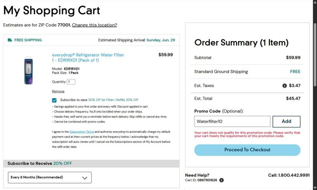 EveryDrop checkout page showing EveryDrop promo code box | Screenshot taken by SimplyCodes community member on Jun 26, 2025