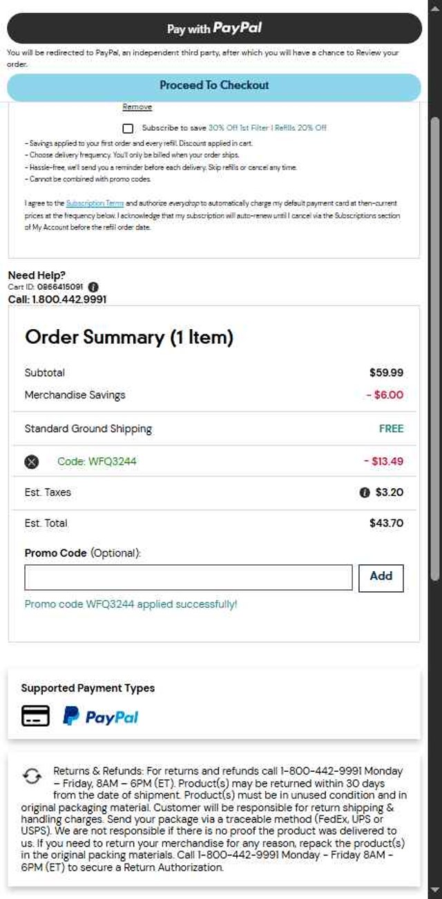 EveryDrop checkout page showing EveryDrop promo code box | Screenshot taken by SimplyCodes community member on May 27, 2025