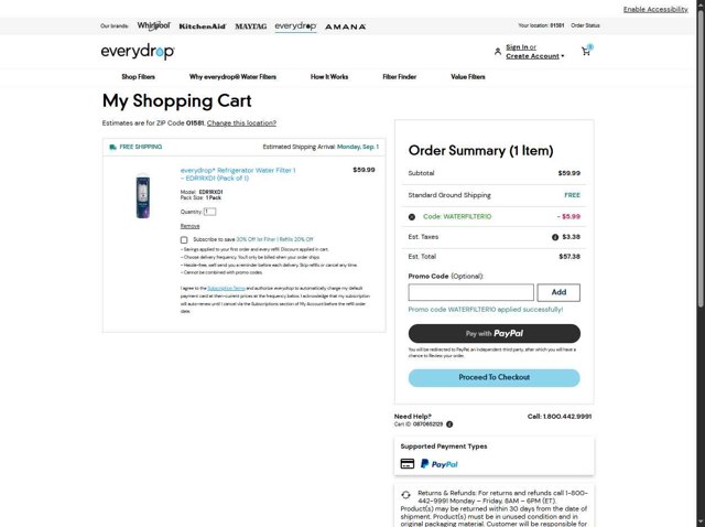 EveryDrop checkout page showing EveryDrop promo code box | Screenshot taken by SimplyCodes community member on Aug 29, 2025