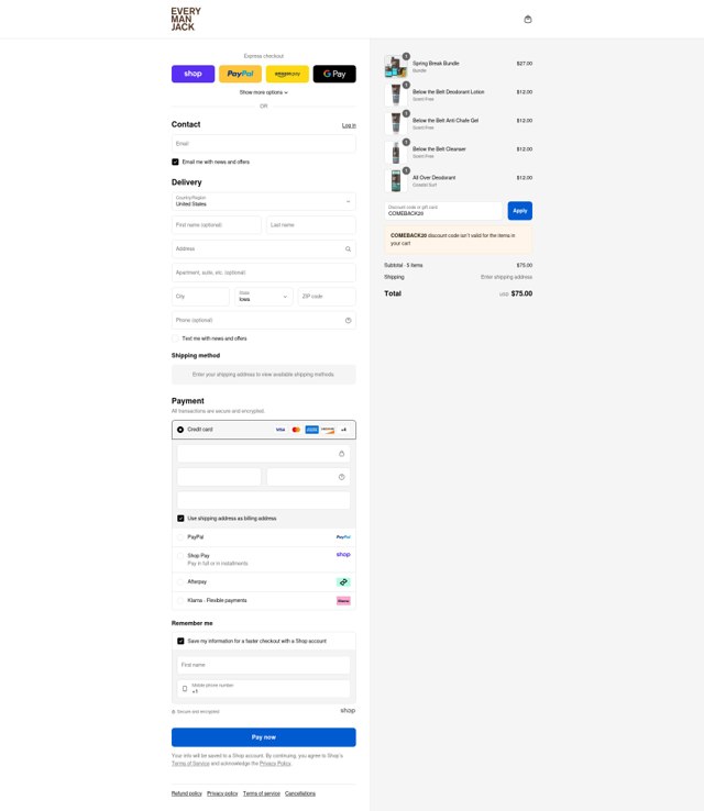 Every Man Jack checkout page showing Every Man Jack discount code box | Screenshot taken by SimplyCodes community member on Sep 2, 2025