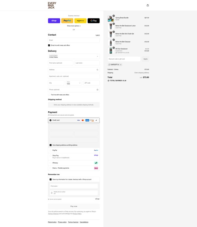 Every Man Jack checkout page showing Every Man Jack discount code box | Screenshot taken by SimplyCodes community member on Sep 2, 2025