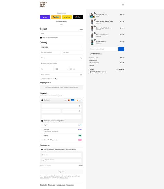 Every Man Jack checkout page showing Every Man Jack discount code box | Screenshot taken by SimplyCodes community member on Sep 2, 2025