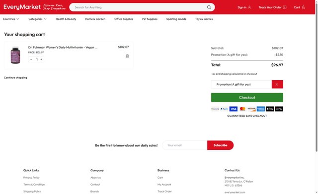 EveryMarket checkout page showing EveryMarket coupon code box | Screenshot taken by SimplyCodes community member on Aug 26, 2025