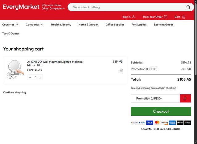EveryMarket checkout page showing EveryMarket coupon code box | Screenshot taken by SimplyCodes community member on Sep 5, 2025