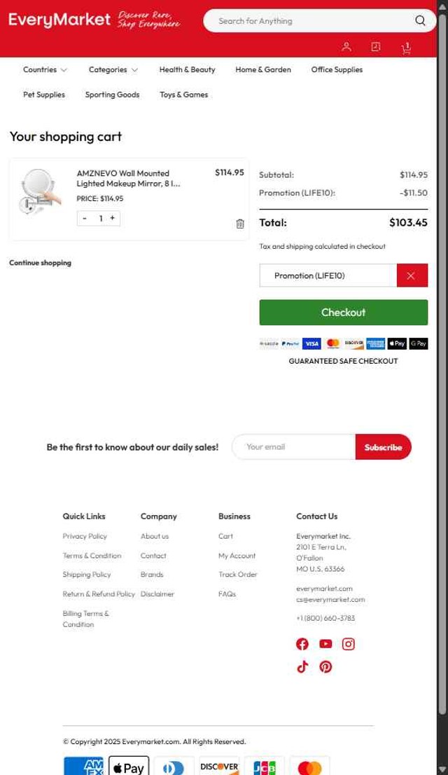 EveryMarket checkout page showing EveryMarket coupon code box | Screenshot taken by SimplyCodes community member on Sep 5, 2025