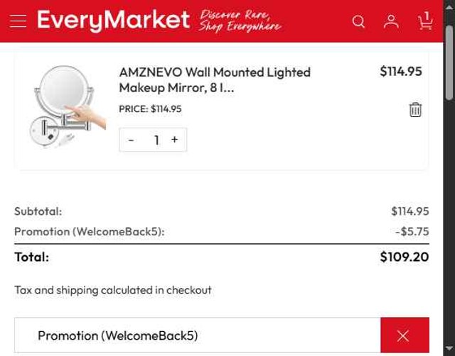 EveryMarket checkout page showing EveryMarket coupon code box | Screenshot taken by SimplyCodes community member on Aug 26, 2025