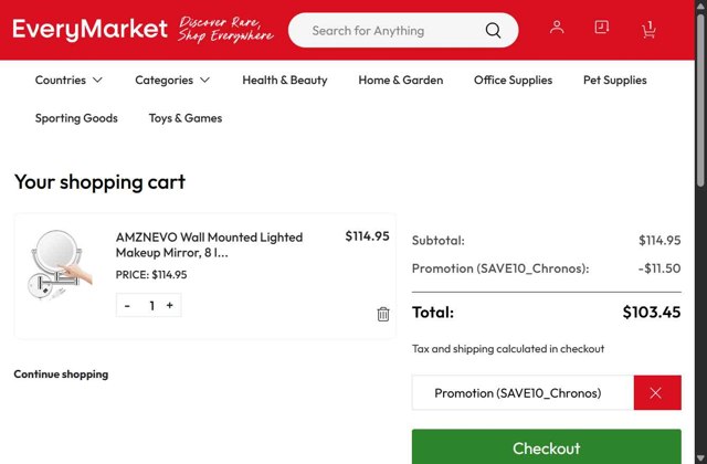 EveryMarket checkout page showing EveryMarket coupon code box | Screenshot taken by SimplyCodes community member on Aug 26, 2025