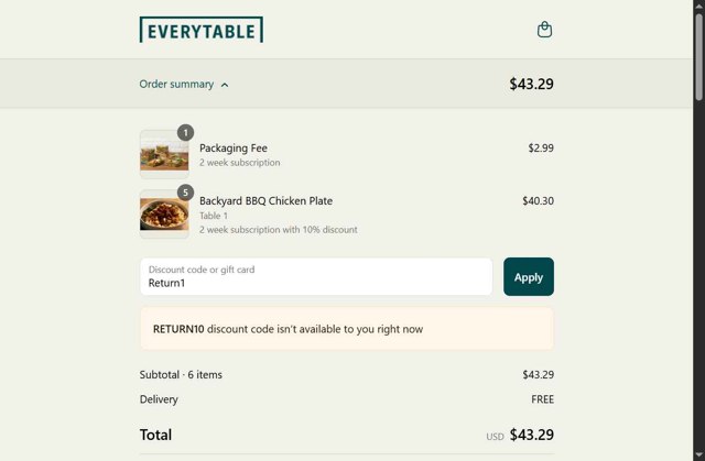Everytable checkout page showing Everytable promo code box | Screenshot taken by SimplyCodes community member on Aug 29, 2025