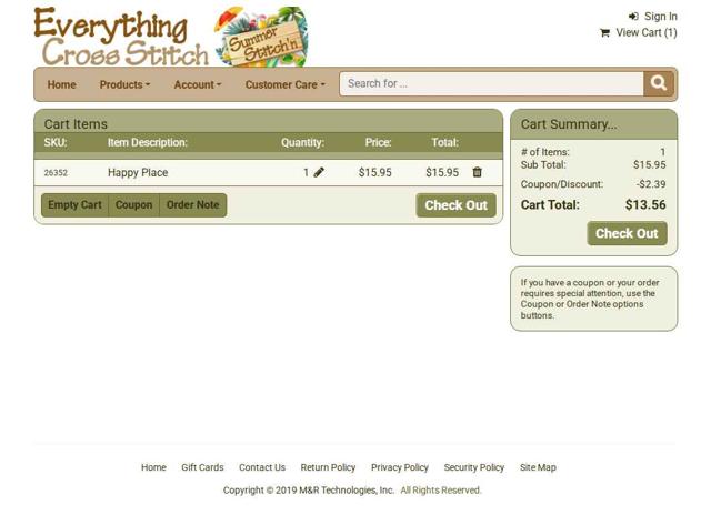 Everything Cross Stitch checkout page showing Everything Cross Stitch promo code box | Screenshot taken by SimplyCodes community member on Aug 30, 2025