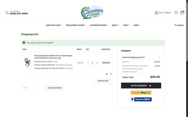Everywhere Chair checkout page showing Everywhere Chair coupon code box | Screenshot taken by SimplyCodes community member on Aug 29, 2025
