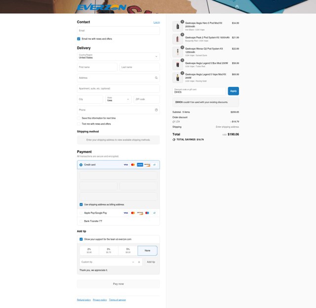 Everzon checkout page showing Everzon discount code box | Screenshot taken by SimplyCodes community member on Sep 4, 2025