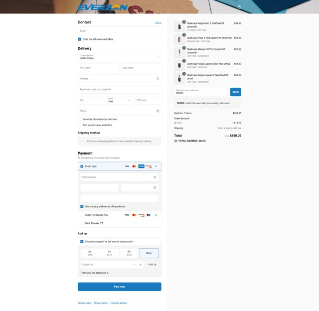 Everzon checkout page showing Everzon discount code box | Screenshot taken by SimplyCodes community member on Sep 4, 2025
