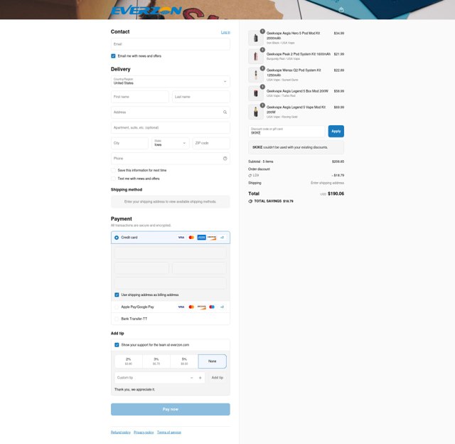 Everzon checkout page showing Everzon discount code box | Screenshot taken by SimplyCodes community member on Sep 4, 2025