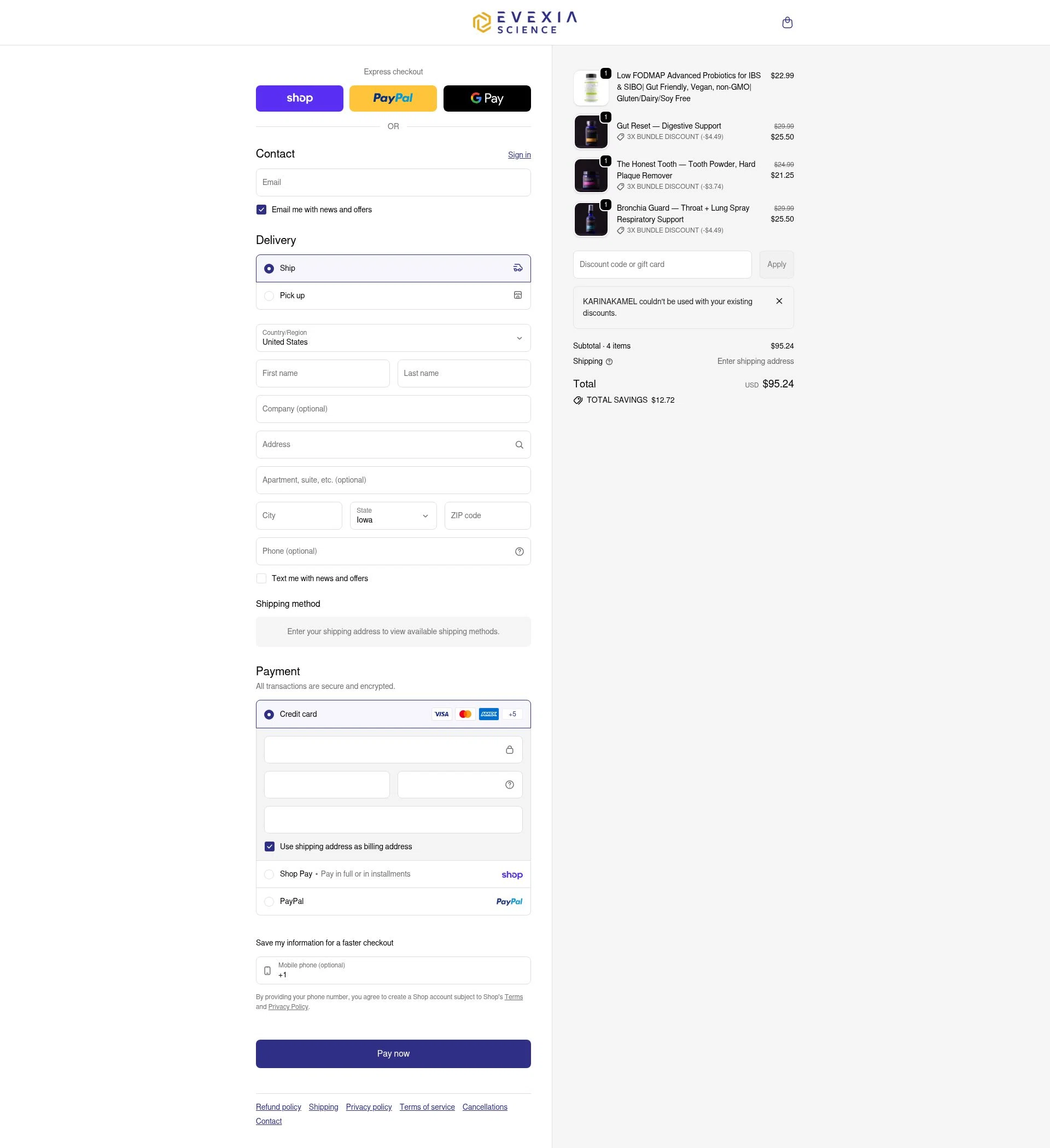 Evexia Science checkout page showing Evexia Science promo code box | Screenshot taken by SimplyCodes community member on Feb 10, 2026