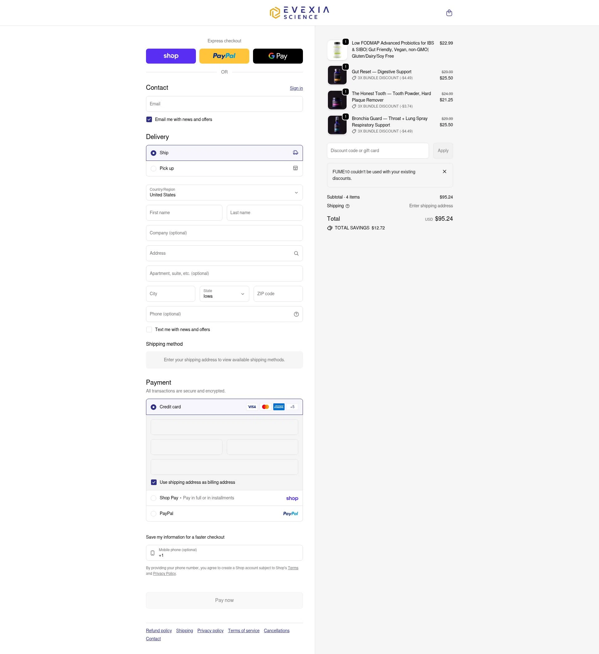 Evexia Science checkout page showing Evexia Science promo code box | Screenshot taken by SimplyCodes community member on Feb 10, 2026
