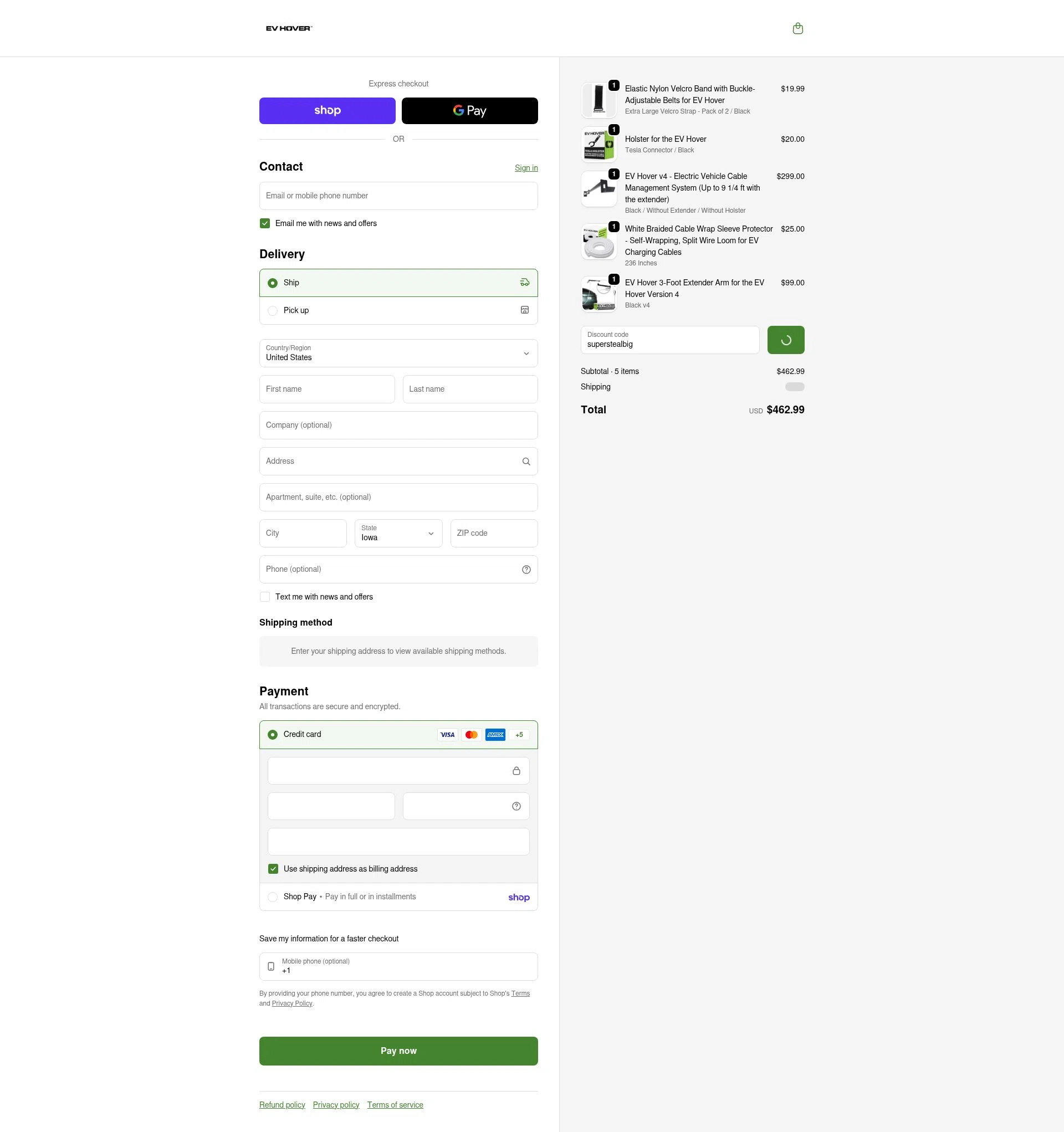 EV Hover checkout page showing EV Hover promo code box | Screenshot taken by SimplyCodes community member on Feb 20, 2026