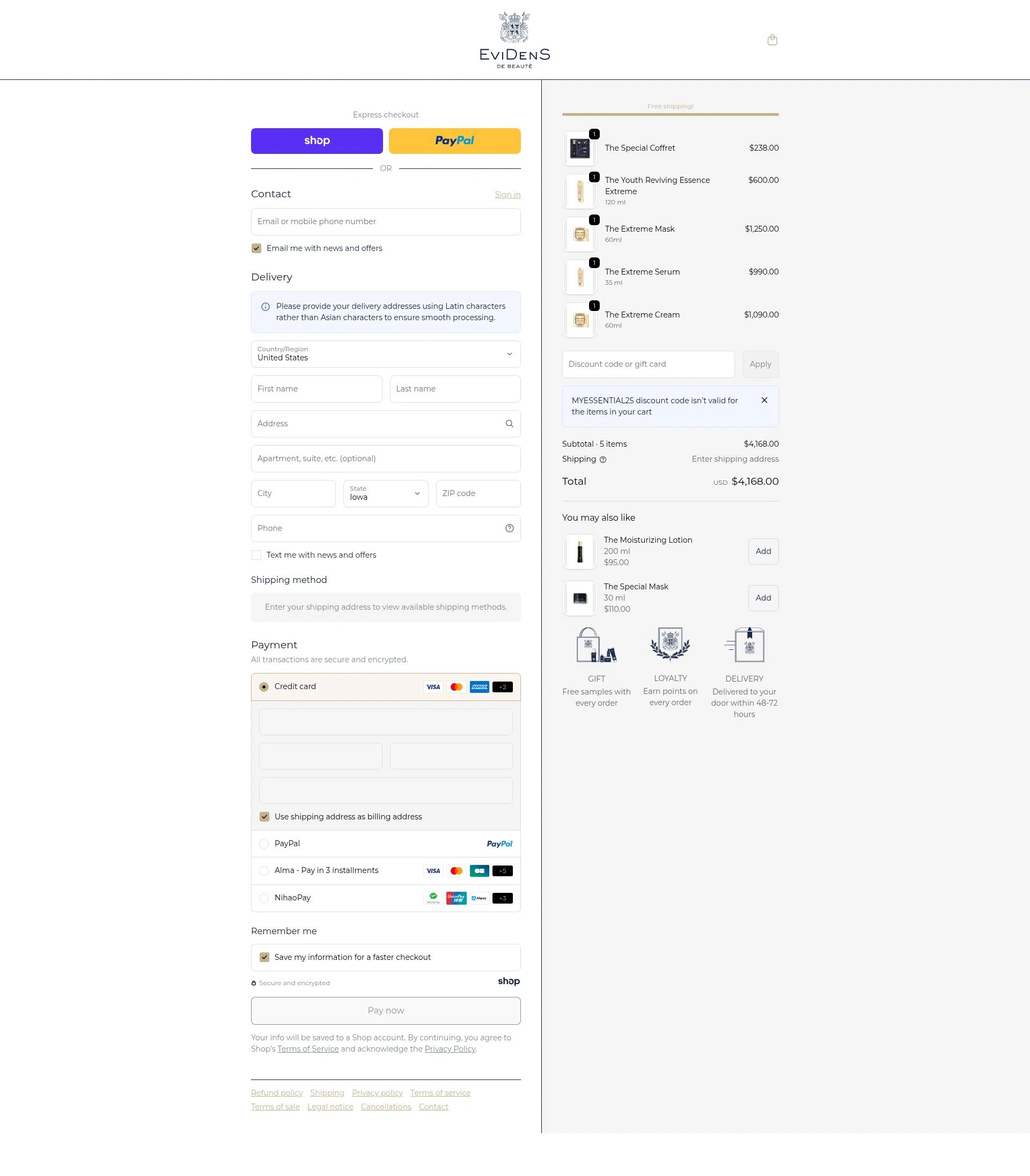 EviDens de Beaute checkout page showing EviDens de Beaute promo code box | Screenshot taken by SimplyCodes community member on Jan 5, 2026