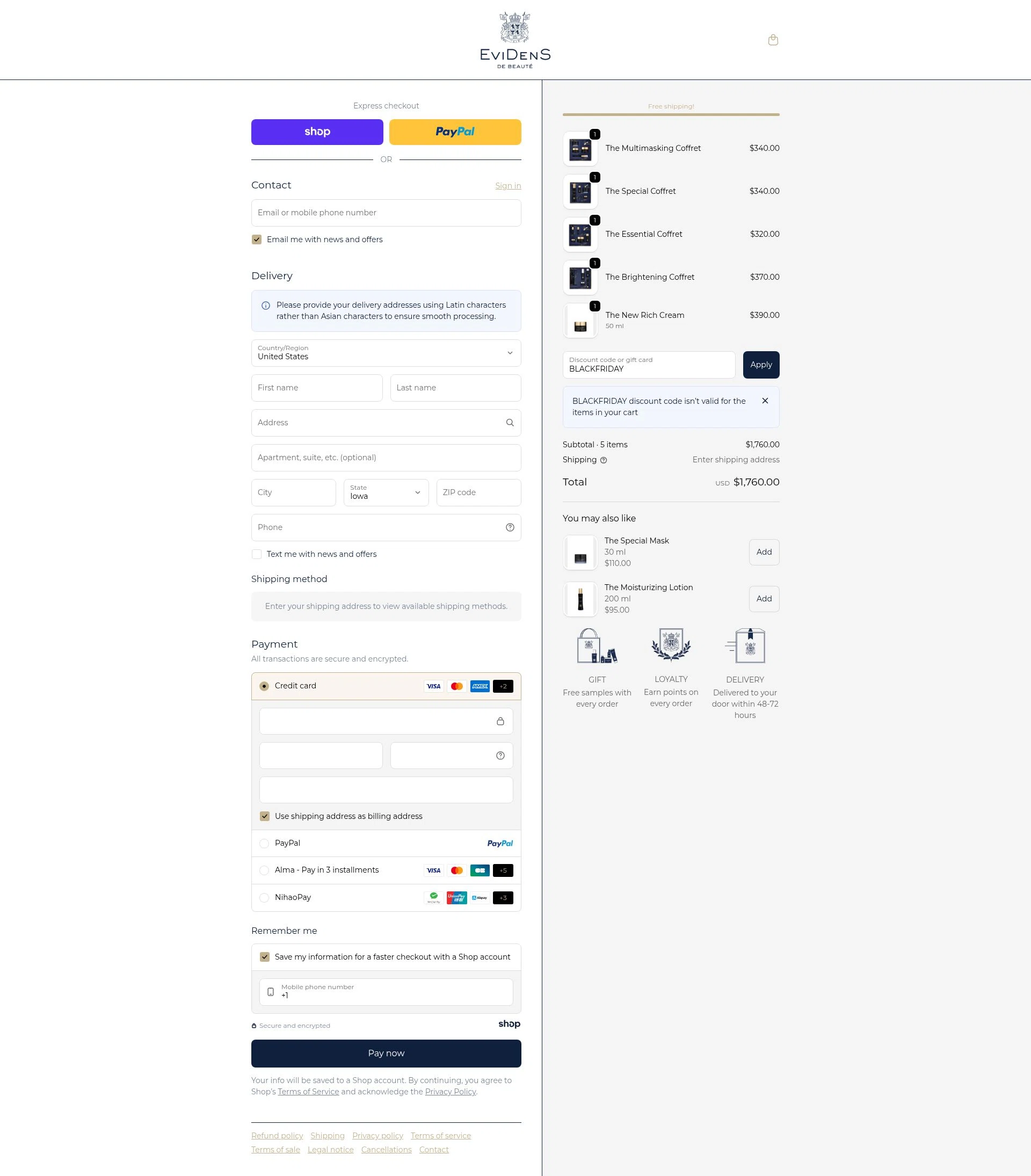 EviDens de Beaute checkout page showing EviDens de Beaute promo code box | Screenshot taken by SimplyCodes community member on Dec 3, 2025