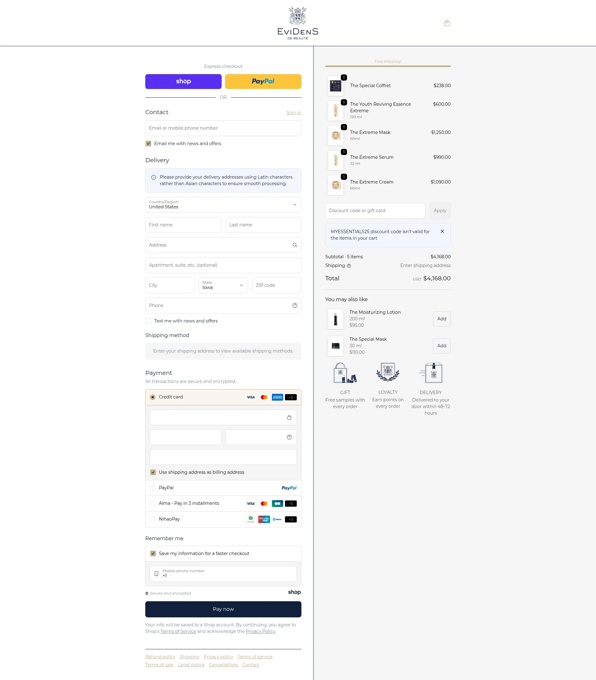 EviDens de Beaute checkout page showing EviDens de Beaute promo code box | Screenshot taken by SimplyCodes community member on Jan 5, 2026