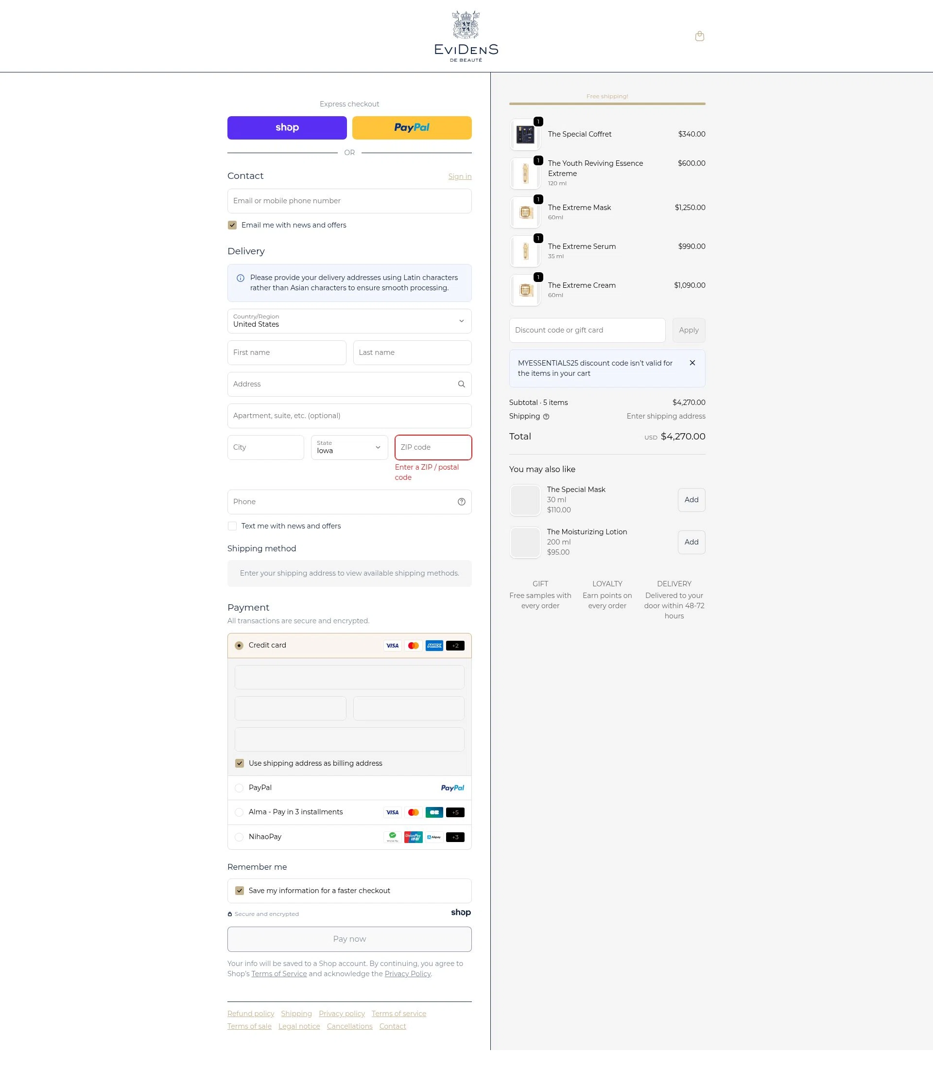 EviDens de Beaute checkout page showing EviDens de Beaute promo code box | Screenshot taken by SimplyCodes community member on Dec 26, 2025