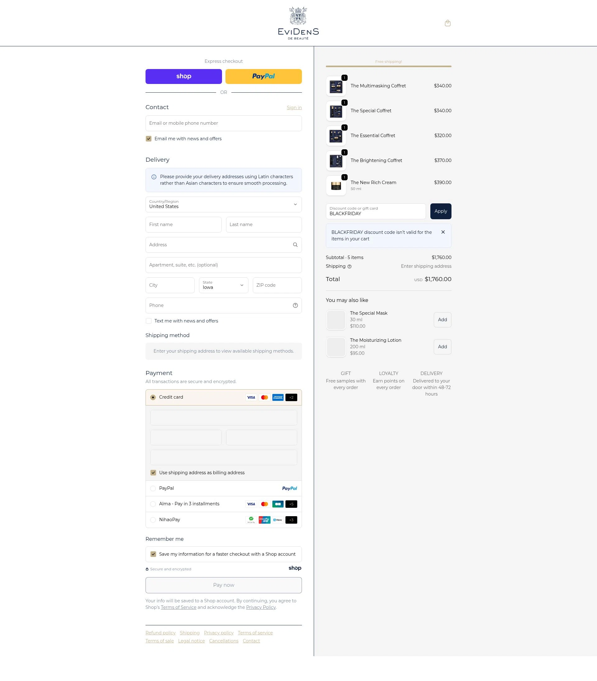 EviDens de Beaute checkout page showing EviDens de Beaute promo code box | Screenshot taken by SimplyCodes community member on Nov 22, 2025