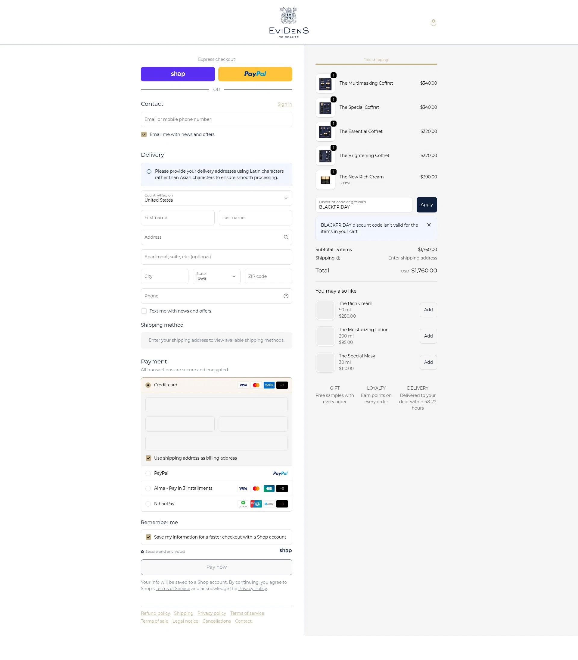 EviDens de Beaute checkout page showing EviDens de Beaute promo code box | Screenshot taken by SimplyCodes community member on Nov 17, 2025