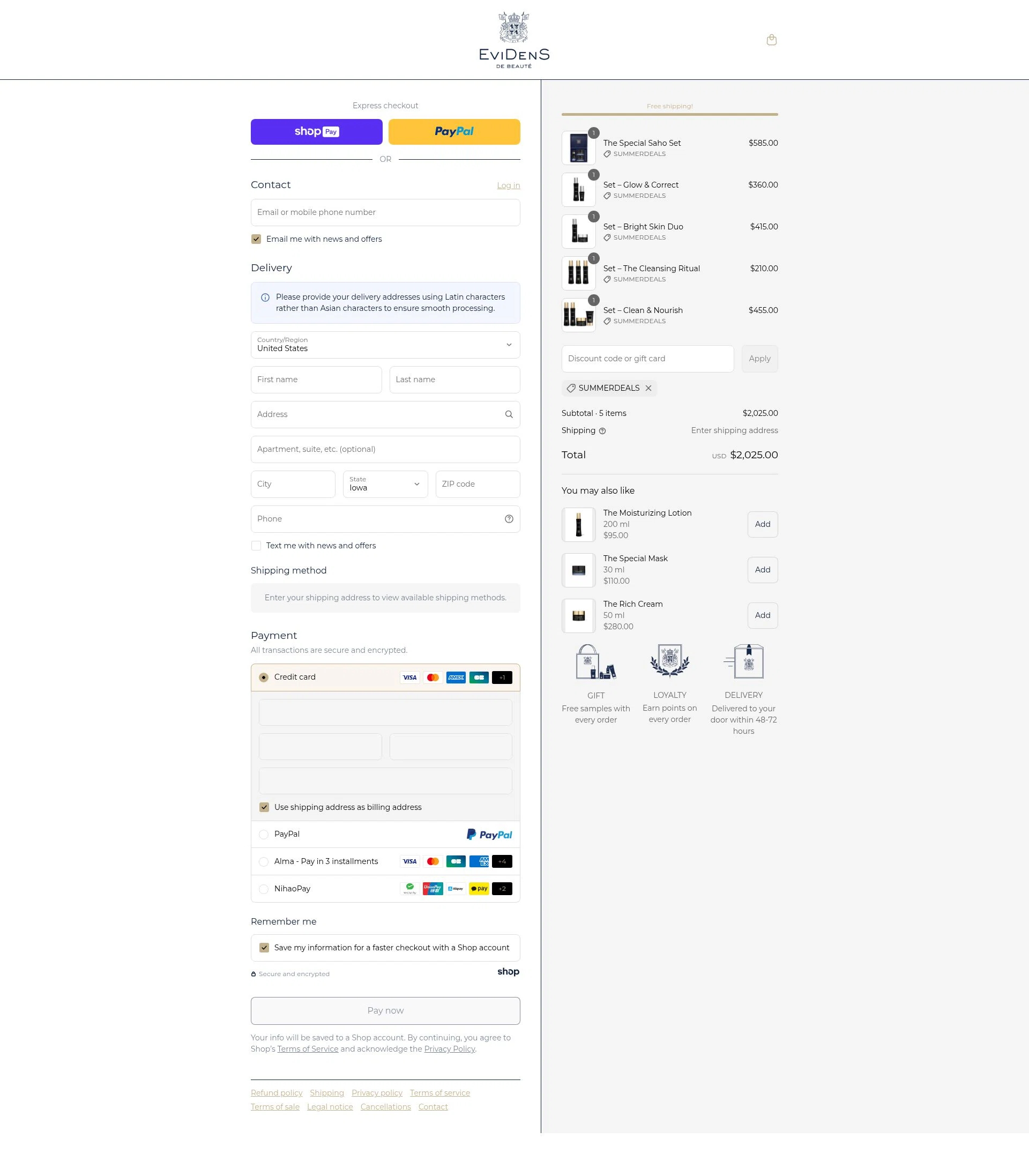 EviDens de Beaute checkout page showing EviDens de Beaute promo code box | Screenshot taken by SimplyCodes community member on Aug 3, 2025
