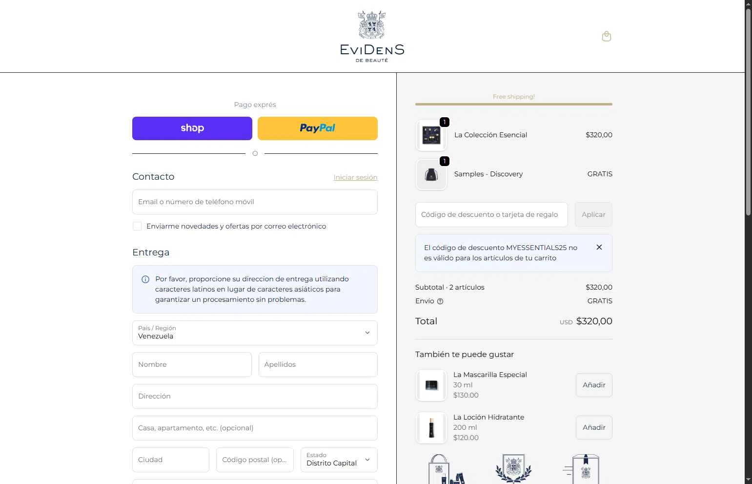 EviDens de Beaute checkout page showing EviDens de Beaute promo code box | Screenshot taken by SimplyCodes community member on Dec 22, 2025