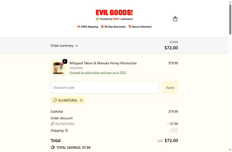 Evil Goods checkout page showing Evil Goods discount code box | Screenshot taken by SimplyCodes community member on Dec 12, 2025