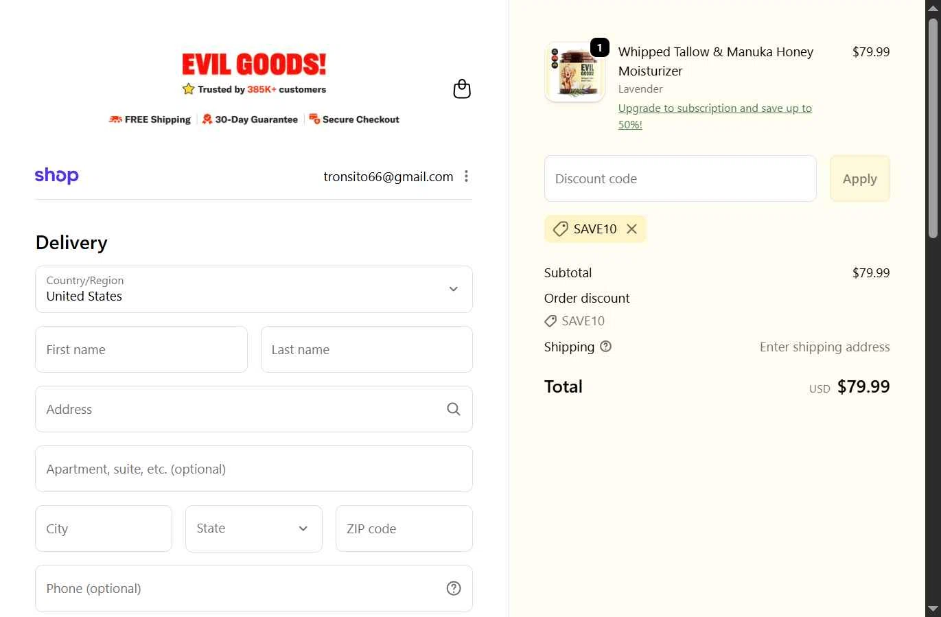 Evil Goods checkout page showing Evil Goods discount code box | Screenshot taken by SimplyCodes community member on Dec 31, 2025