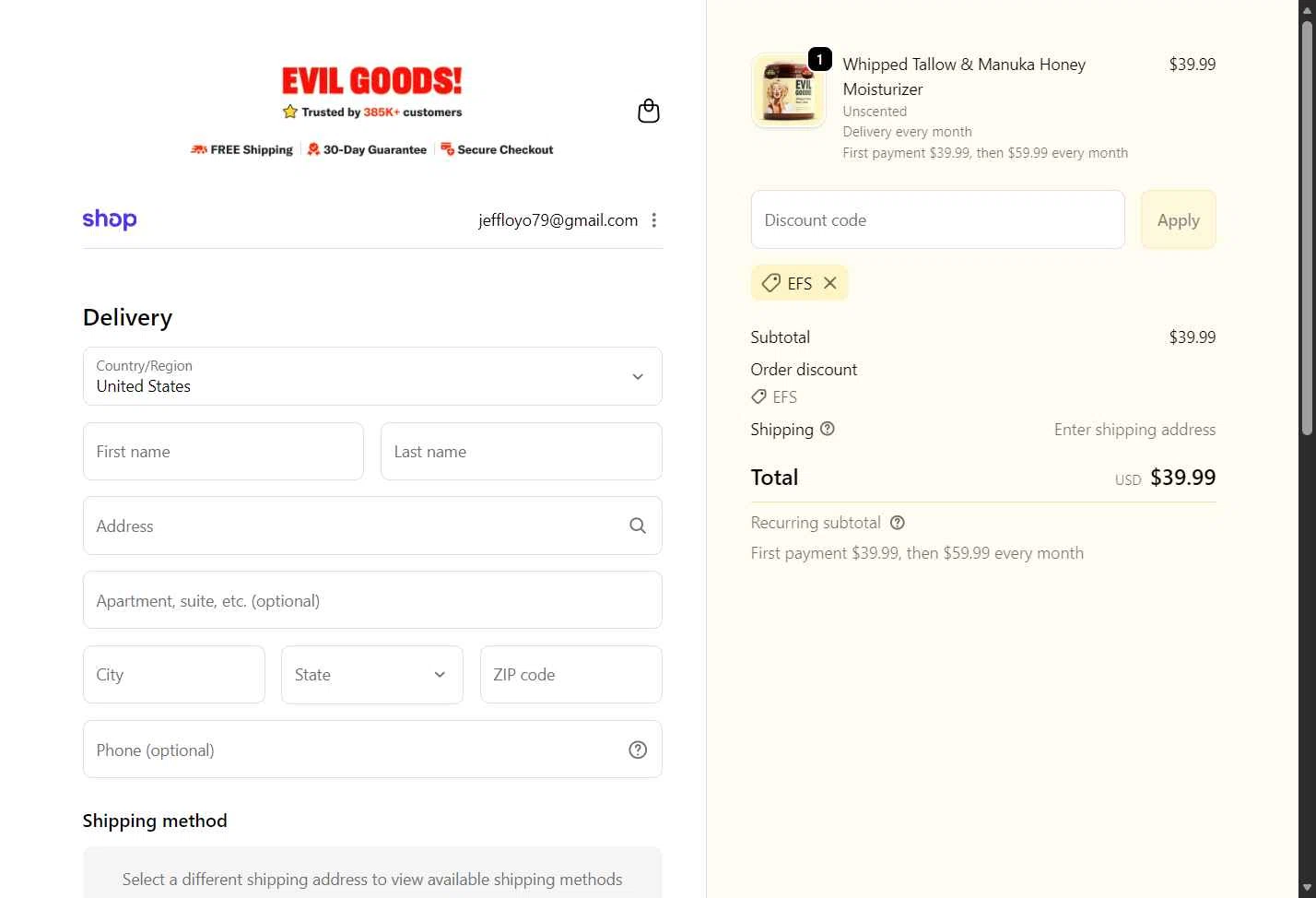 Evil Goods checkout page showing Evil Goods discount code box | Screenshot taken by SimplyCodes community member on Dec 13, 2025