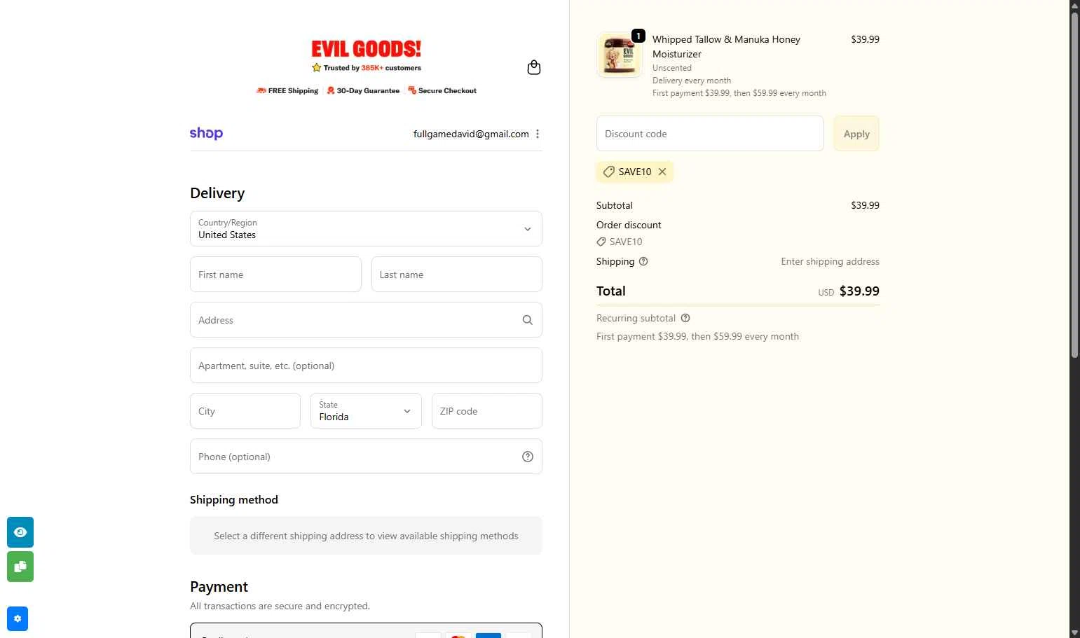 Evil Goods checkout page showing Evil Goods discount code box | Screenshot taken by SimplyCodes community member on Dec 2, 2025