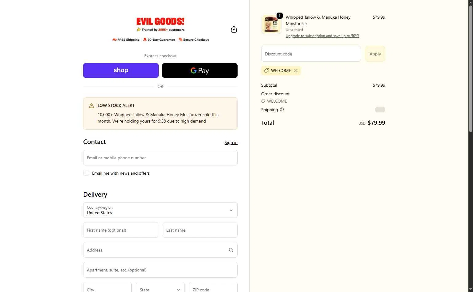 Evil Goods checkout page showing Evil Goods discount code box | Screenshot taken by SimplyCodes community member on Dec 7, 2025