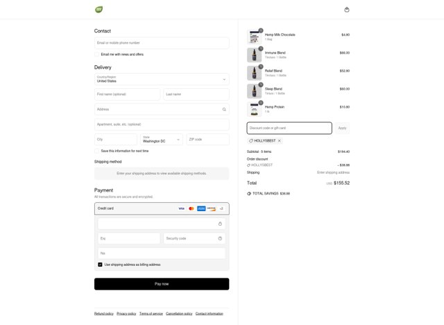 Evo Hemp checkout page showing Evo Hemp coupon code box | Screenshot taken by SimplyCodes community member on Jun 20, 2025