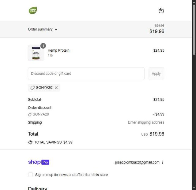 Evo Hemp checkout page showing Evo Hemp coupon code box | Screenshot taken by SimplyCodes community member on Jul 23, 2025