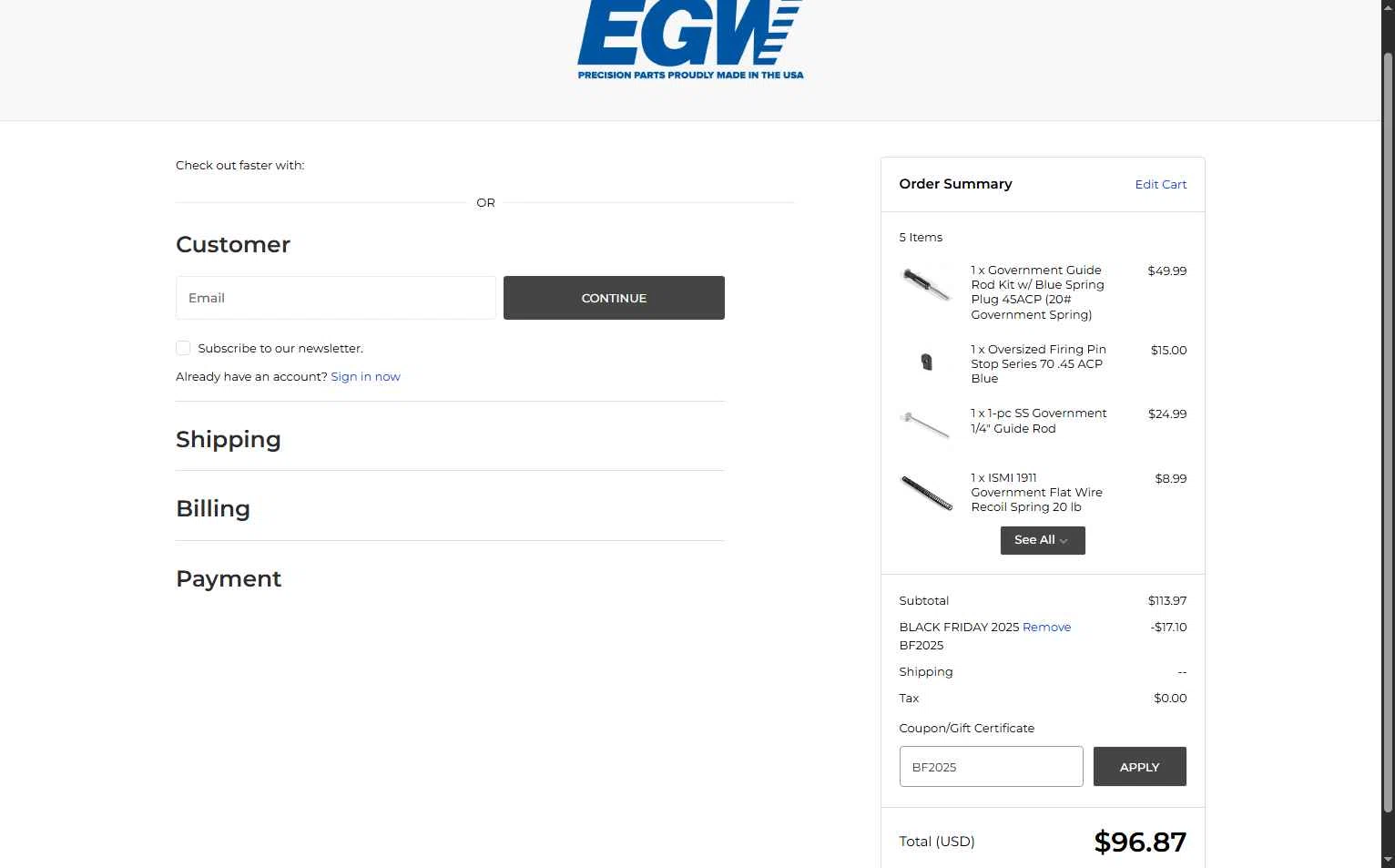Evolution Gun Works checkout page showing Evolution Gun Works promo code box | Screenshot taken by SimplyCodes community member on Nov 30, 2025