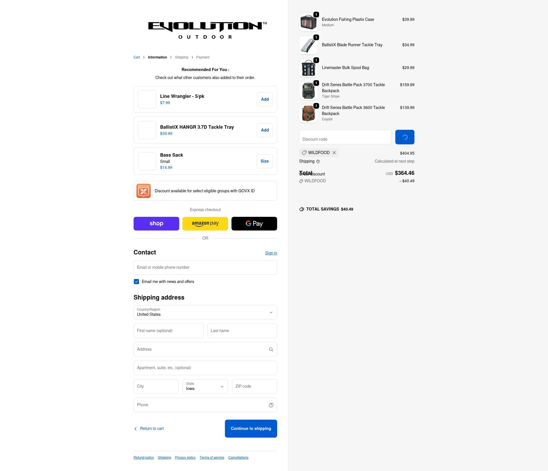 Evolution Outdoor checkout page showing Evolution Outdoor promo code box | Screenshot taken by SimplyCodes community member on Jan 15, 2026