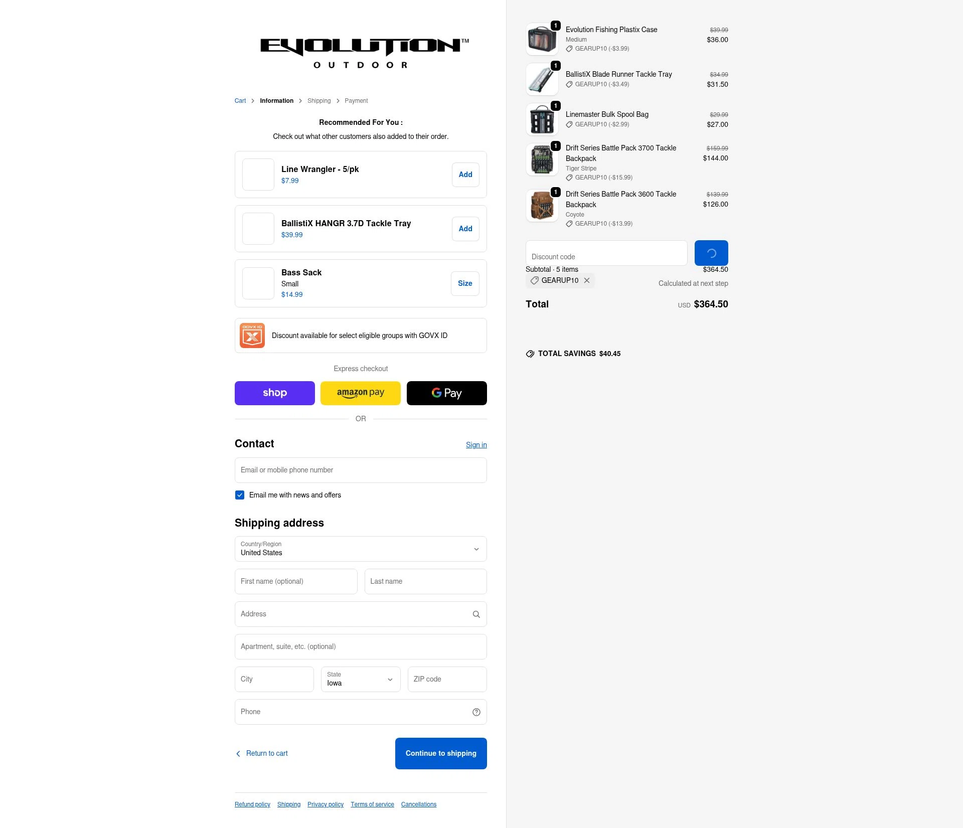 Evolution Outdoor checkout page showing Evolution Outdoor promo code box | Screenshot taken by SimplyCodes community member on Jan 15, 2026
