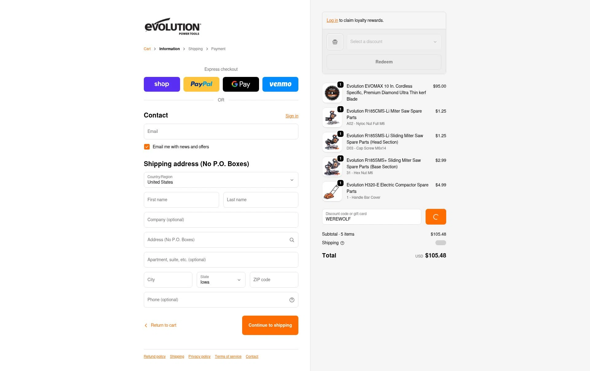 Evolution Power Tools checkout page showing Evolution Power Tools discount code box | Screenshot taken by SimplyCodes community member on Feb 4, 2026