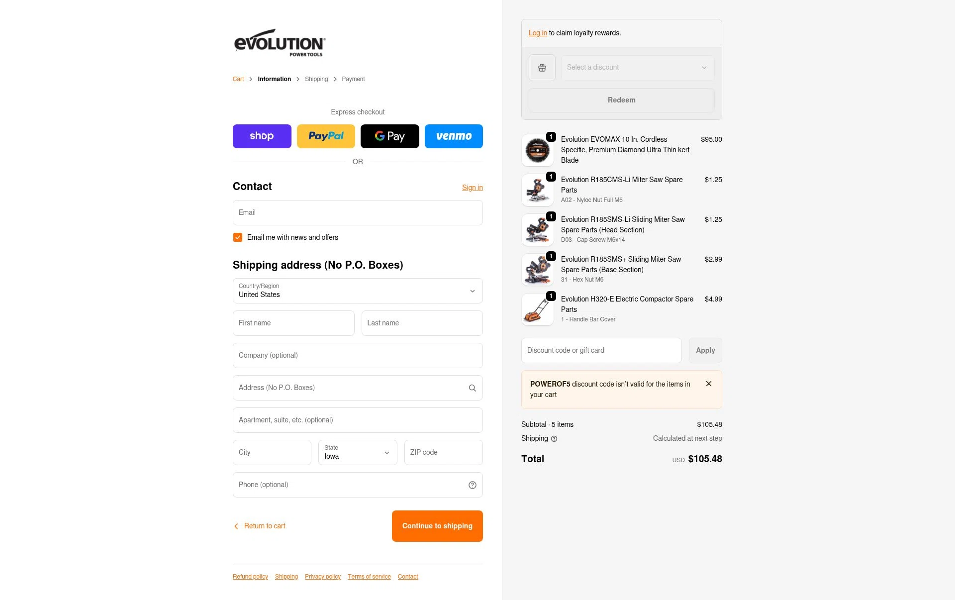 Evolution Power Tools checkout page showing Evolution Power Tools discount code box | Screenshot taken by SimplyCodes community member on Feb 4, 2026