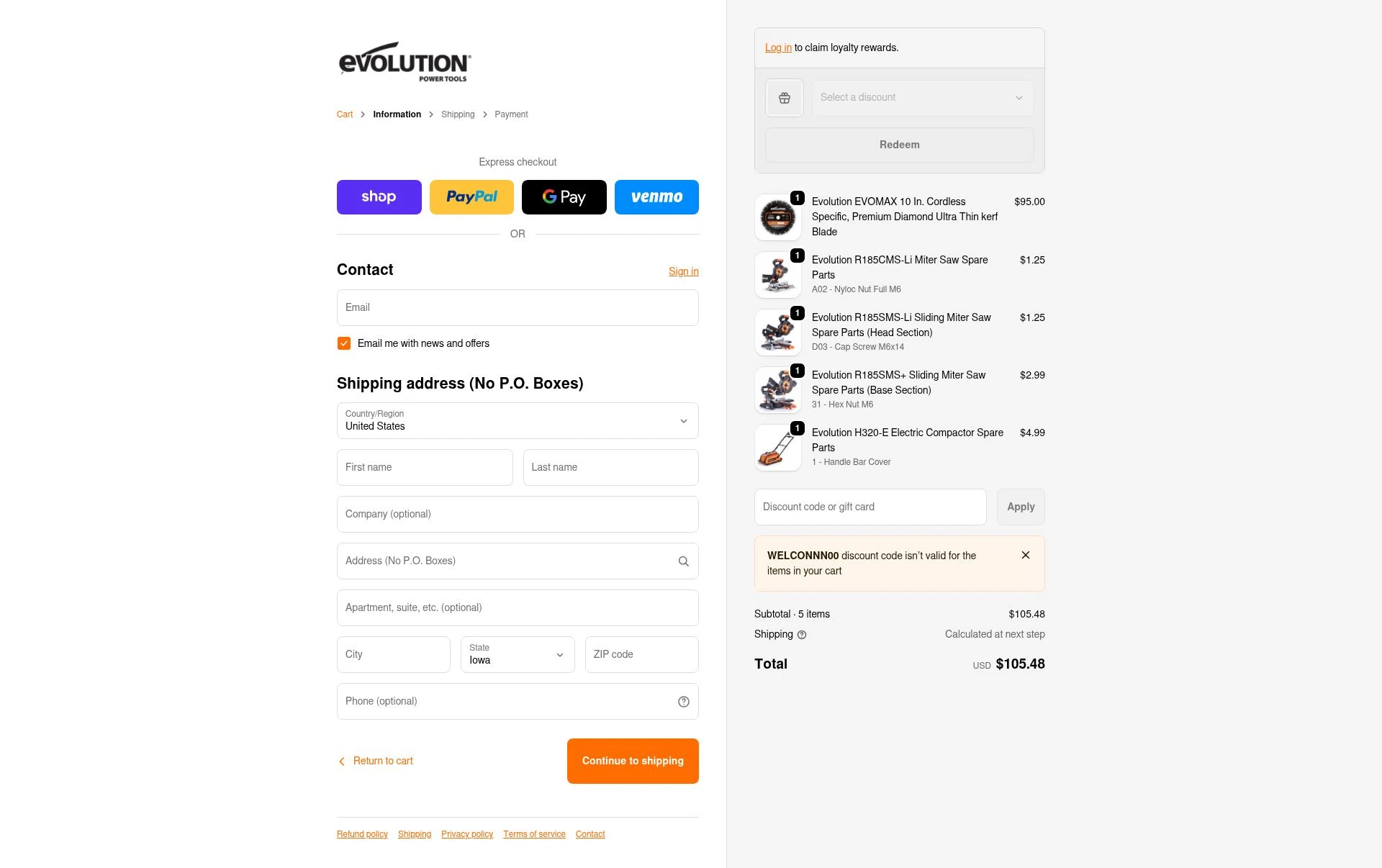 Evolution Power Tools checkout page showing Evolution Power Tools discount code box | Screenshot taken by SimplyCodes community member on Feb 4, 2026