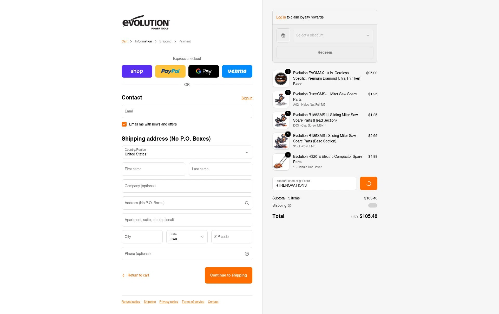Evolution Power Tools checkout page showing Evolution Power Tools discount code box | Screenshot taken by SimplyCodes community member on Feb 4, 2026